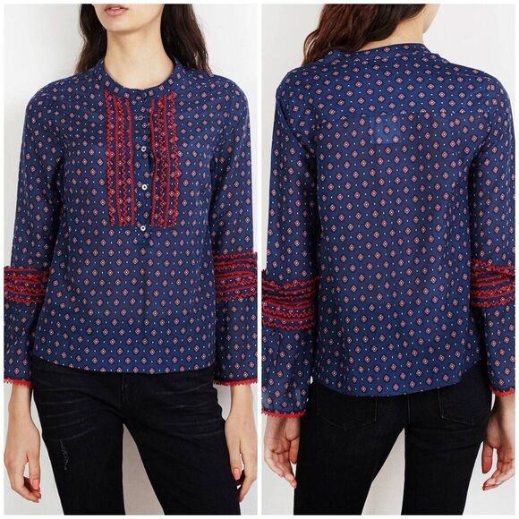 J Crew Embroidered Bell Sleeve Silk Blend Top Boho Size 4 Long Sleeve Ruffle - Picture 1 of 11